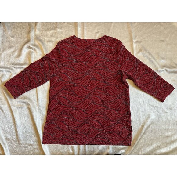 CHICO'S Womens Sz 1 Pull Over Sweater Red Glitter 3/4 Sleeve Leaf Floral Pattern - Picture 11 of 11